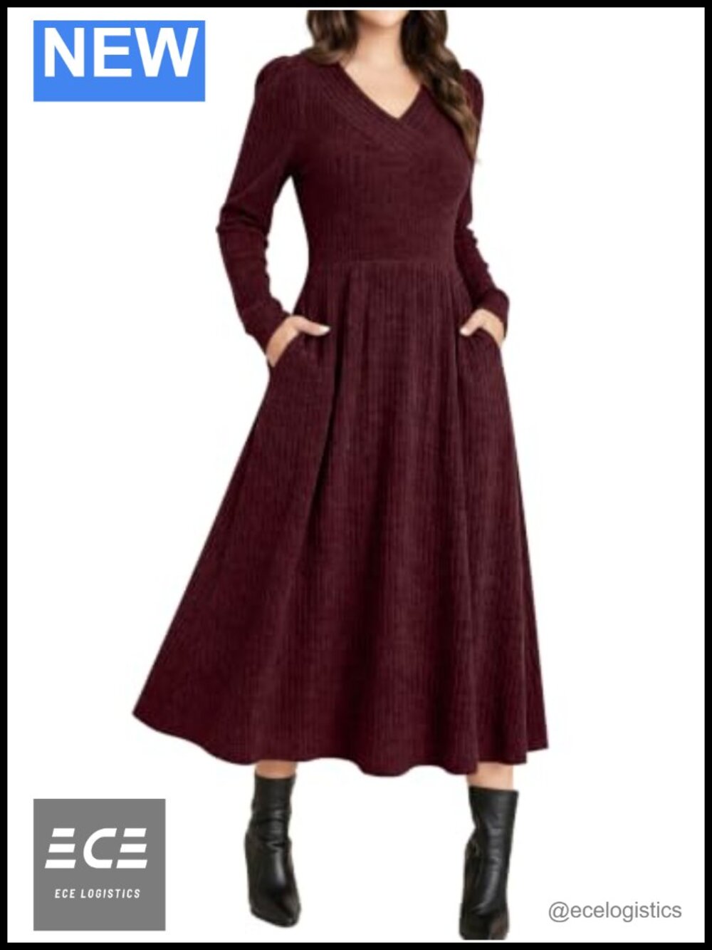 ANRABESS Long Sleeve V Neck A Line Midi Dress Ribbed Knit Pockets